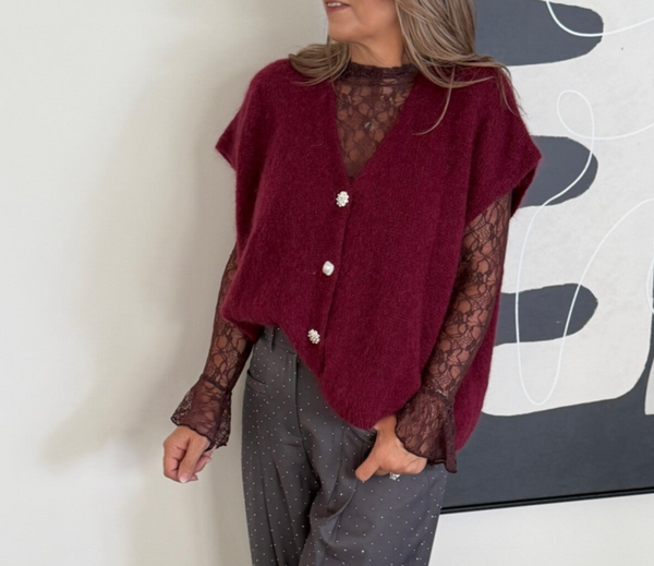 Mohair knit met knoopjes burgundi Britt