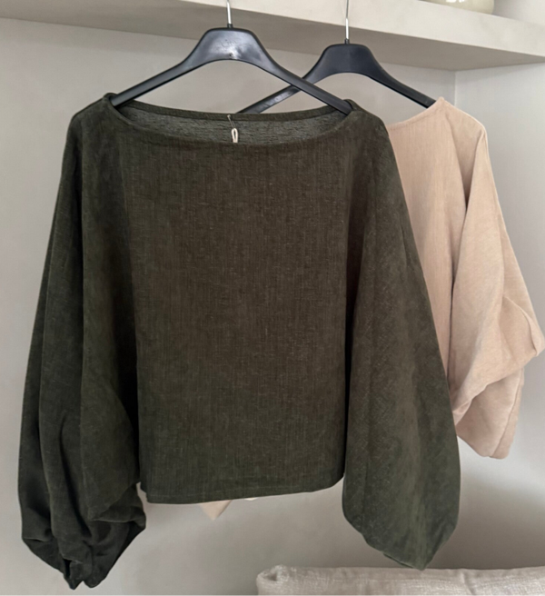 blouse in velvetstofje met gefronste ballonmouw kaki
