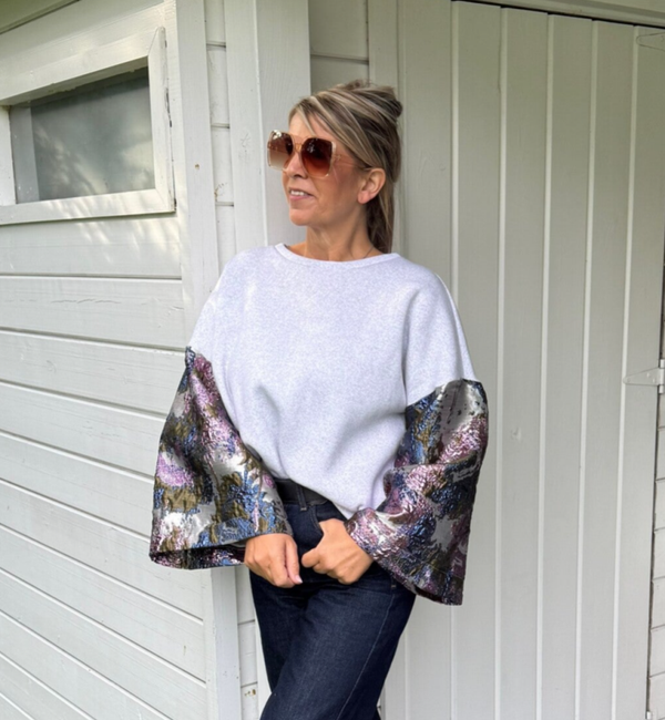 Sweater grijs flower met wijde mouwen BLUE/PINK