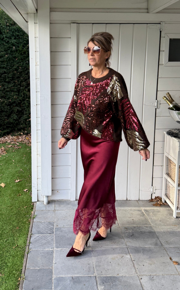 Satijnen rok met kant burgundi