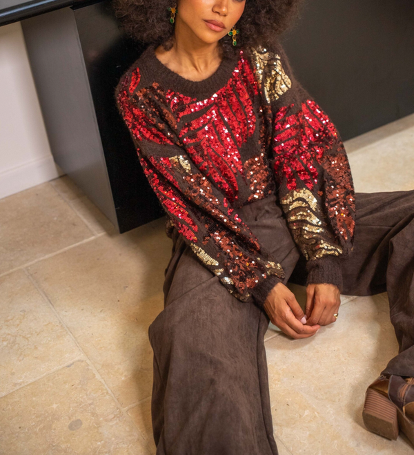 Trui marron pailletje