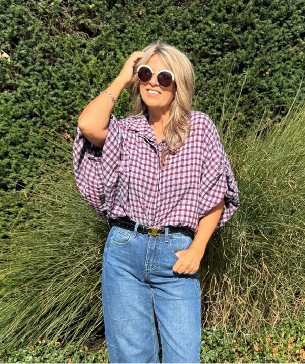 blouse geruit grijs bordeaux met ballonmouwen