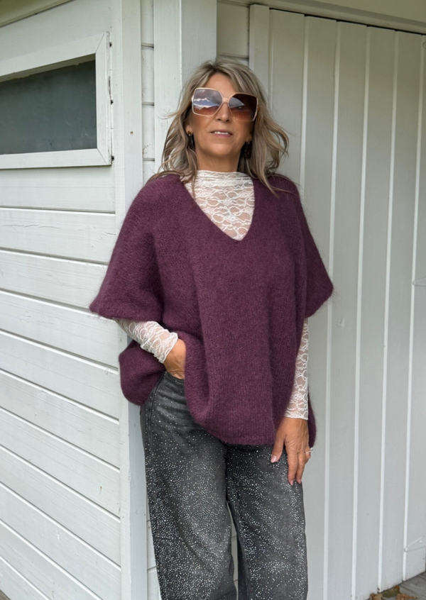 Mohair trui met v-hals aubergine Sas