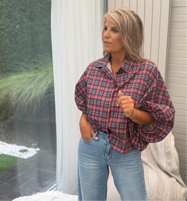 Geruite  blouse met ballonmouw Bordeaux ruit 2