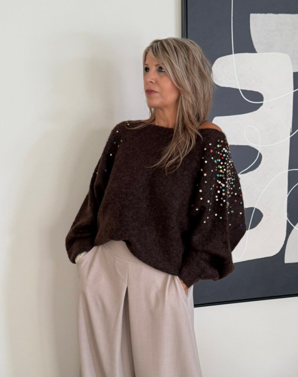 Trui met veelkleurige pareltjes Maru marron