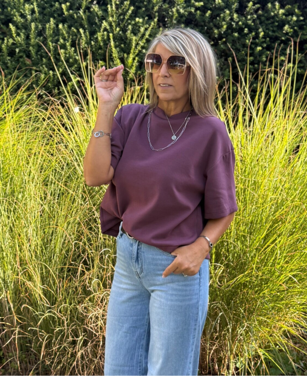 t-shirt oversized met plooi op rug bordeaux