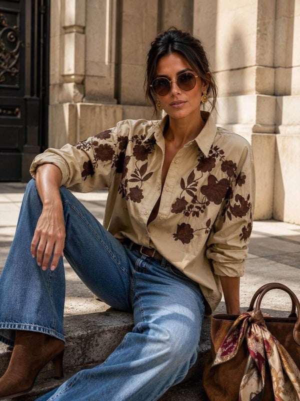 Taupe blouse met broderie