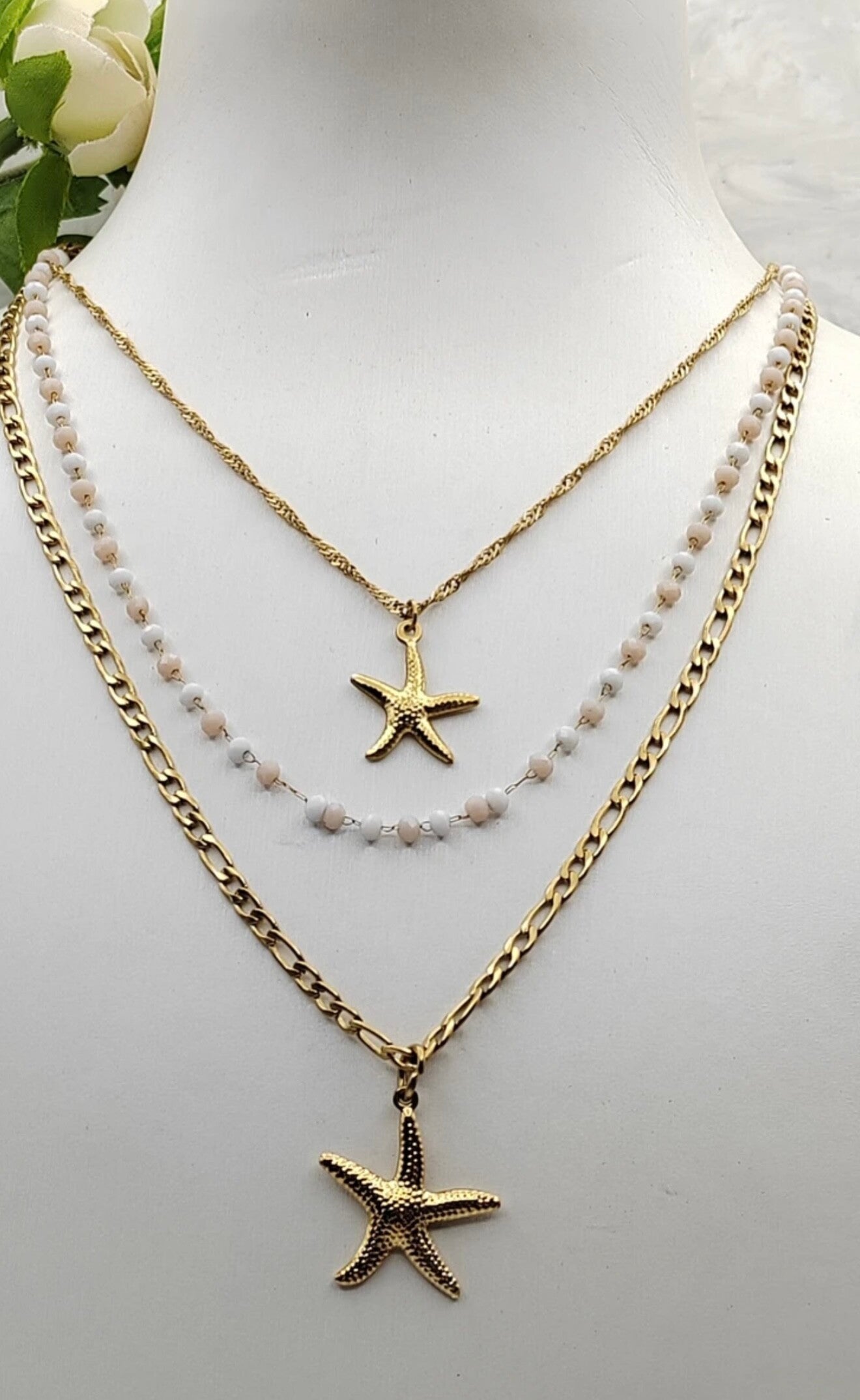 Drievoudige ketting met ster - stainless steel - ivoor