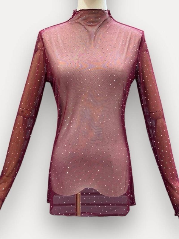 Voile t-shirt  met kleine kraagje burgundi en strass