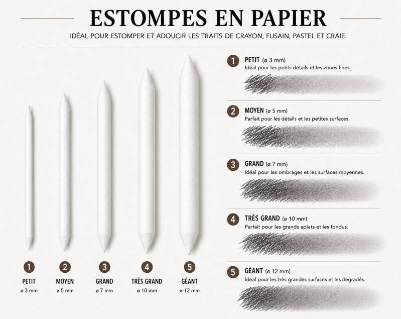 Photos des différentes grosseurs d'estompes en papier.