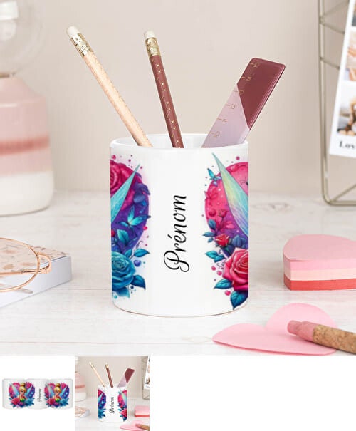 Porte crayons Personnalisé Fée Clochette blanc Prénom Accessoire de bureau  9 x 8ø cm