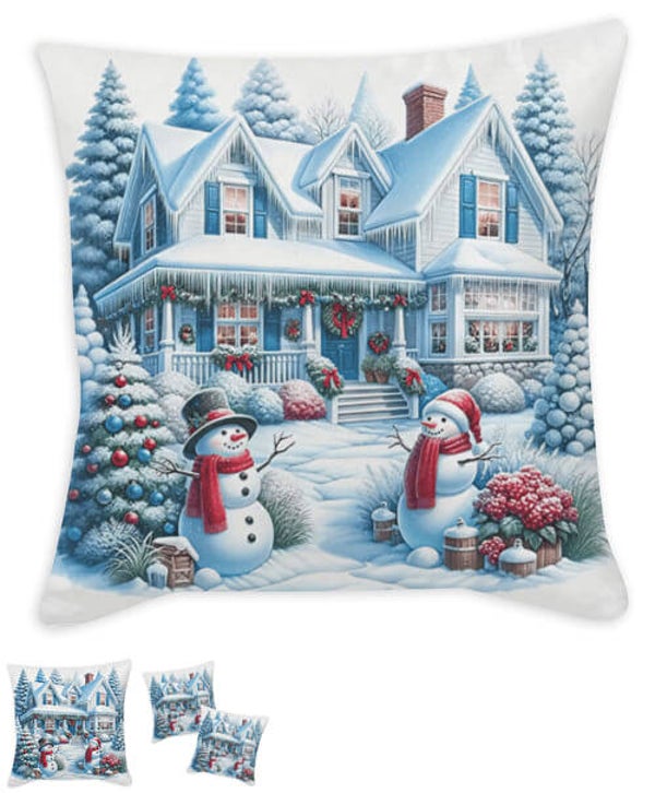 Coussin village de noël et sapin enneigé tissu blanc / 35x35 cm / 45x45 cm / 55x55 cm