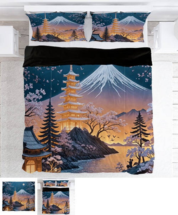 Housse de Couette  220 x 200 cm Japonais Parure de Lit Adulte , Housse de Couette 2 Personnes Imprimée Mont Fuji Fleur de Cerisier et 2 Taie d'oreiller 70x50 cm.