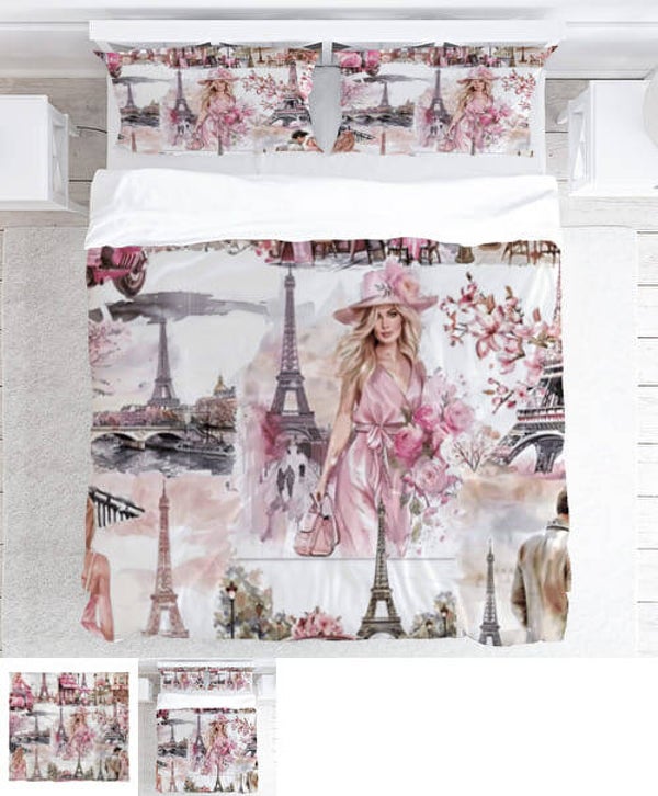 Parure de Lit 220 x 200 cm Romantique Paris Thème Parure Housse de Couette Couple Femme Chambre Décoratif  paris tour eiffel Imprimé Housse de Couette Moderne Style Rose Gris