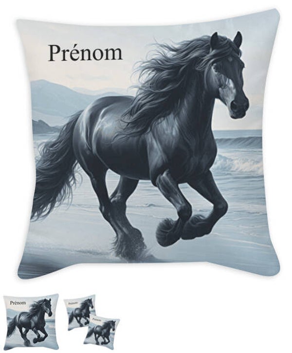 Coussin décoratif Cheval noir tissu blanc et bleu / 35x35 cm / 45x45 cm / 55x55 cm