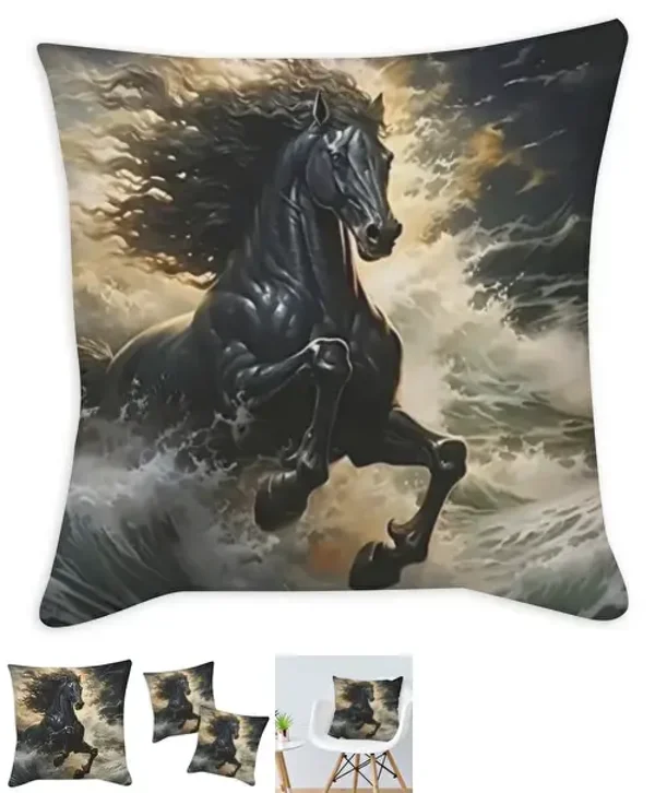 Coussin animal cheval noir tissu multicolore / 35x35 cm / 45x45 cm / 55x55 cm