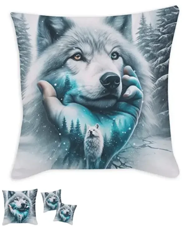 Coussin imprimé Loup dans la Neige tissu bleu et blanc / 35x35 cm / 45x45 cm / 55x55 cm