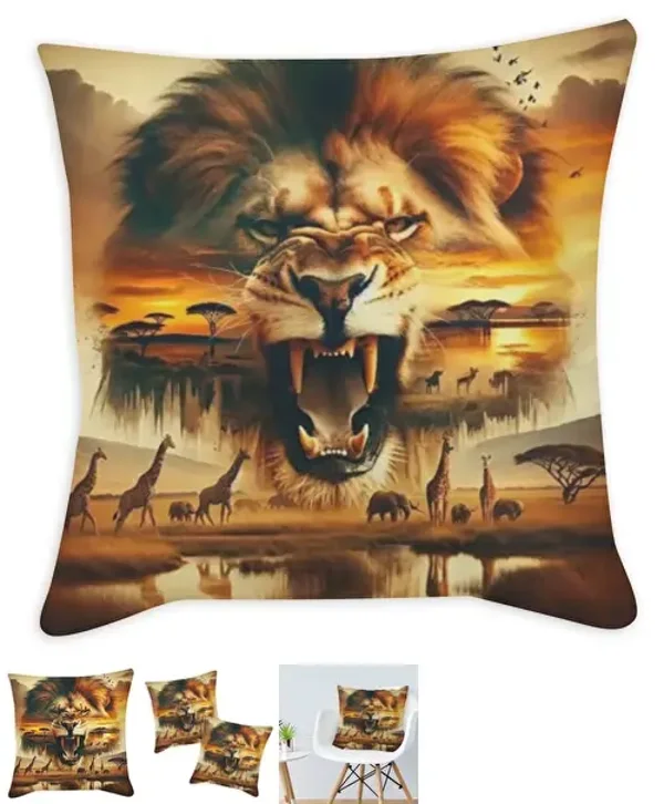 Coussin safari au motif de lion tissu orange / 35x35 cm / 45x45 cm / 55x55 cm