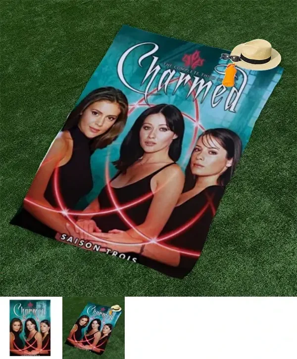 Serviette de plage avec affiche Triquetra de la série télévisée Charmed - Serviette de bain et de piscine en microfibre à séchage rapide avec motif Piper Halliwell & Phoebe Halliwell, Cadeau parfait pour les fans de Charmed, accessoire de voyage, impressi