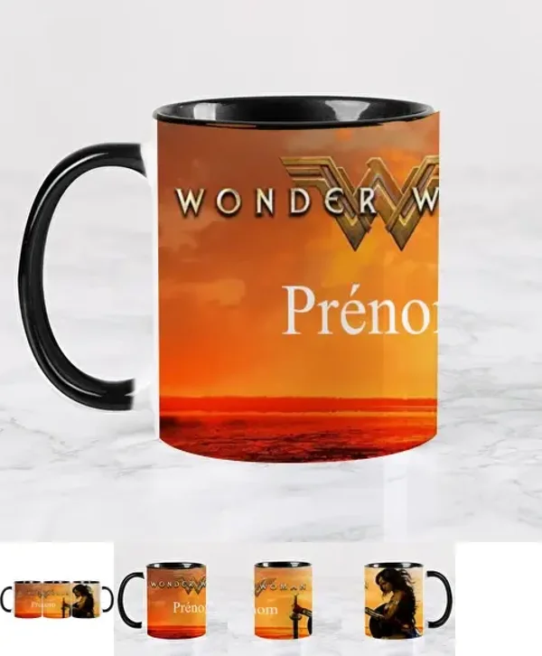 Mug Superhéros de 325 ML, Tasse à Café en Céramique avec Logo Wonder Woman Personnalisable et Nom Imprimé, Adaptée pour Lait, Café, Smoothie Jus et Boissons, Idéal pour Anniversaires, Noël, Camping et Rentrée Scolaire