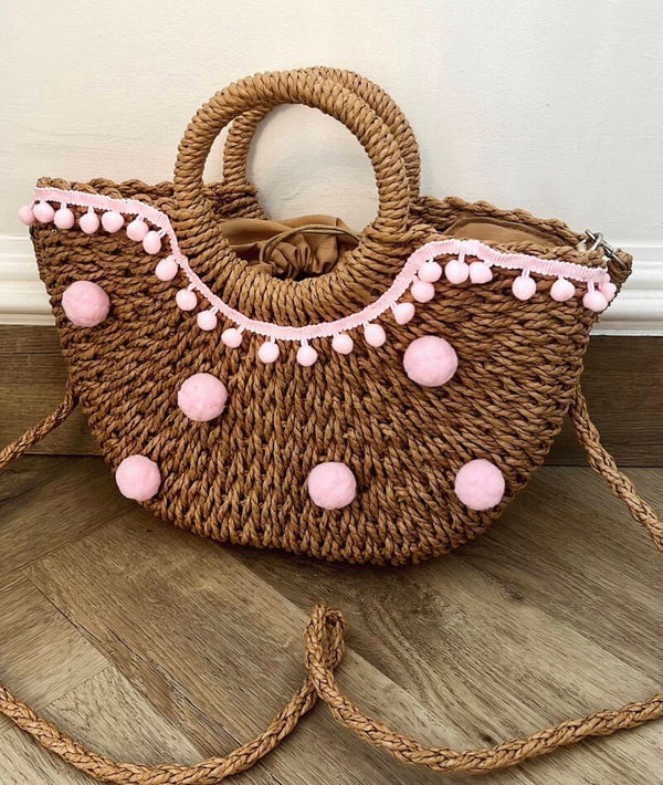 Pom Pom Straw Beach Bag