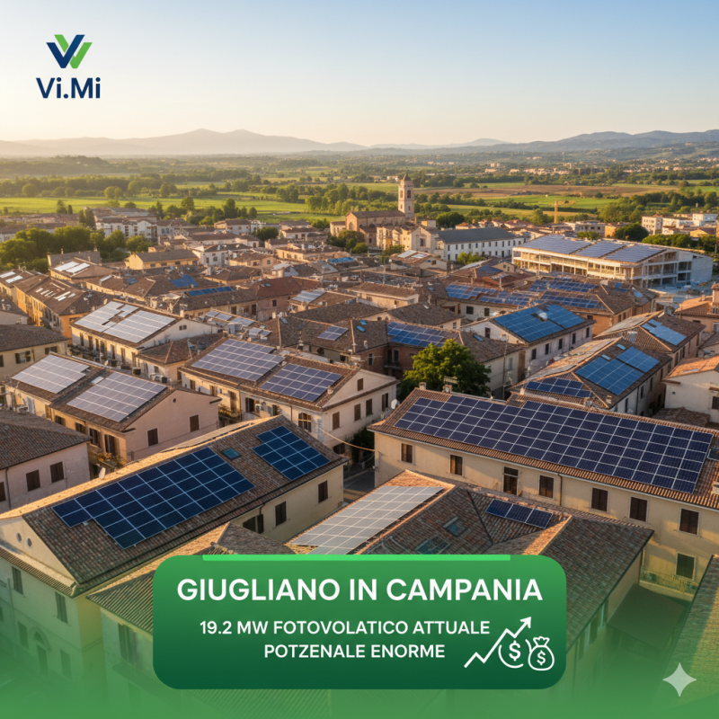 Il pannello si trova in un paesaggio sereno e minimalista. Sullo sfondo ci sono delle colline morbide e stilizzate e una linea di orizzonte con una piccola città in silhouette. Sopra il pannello, il sole, realizzato con un cerchio luminoso e raggi delicat