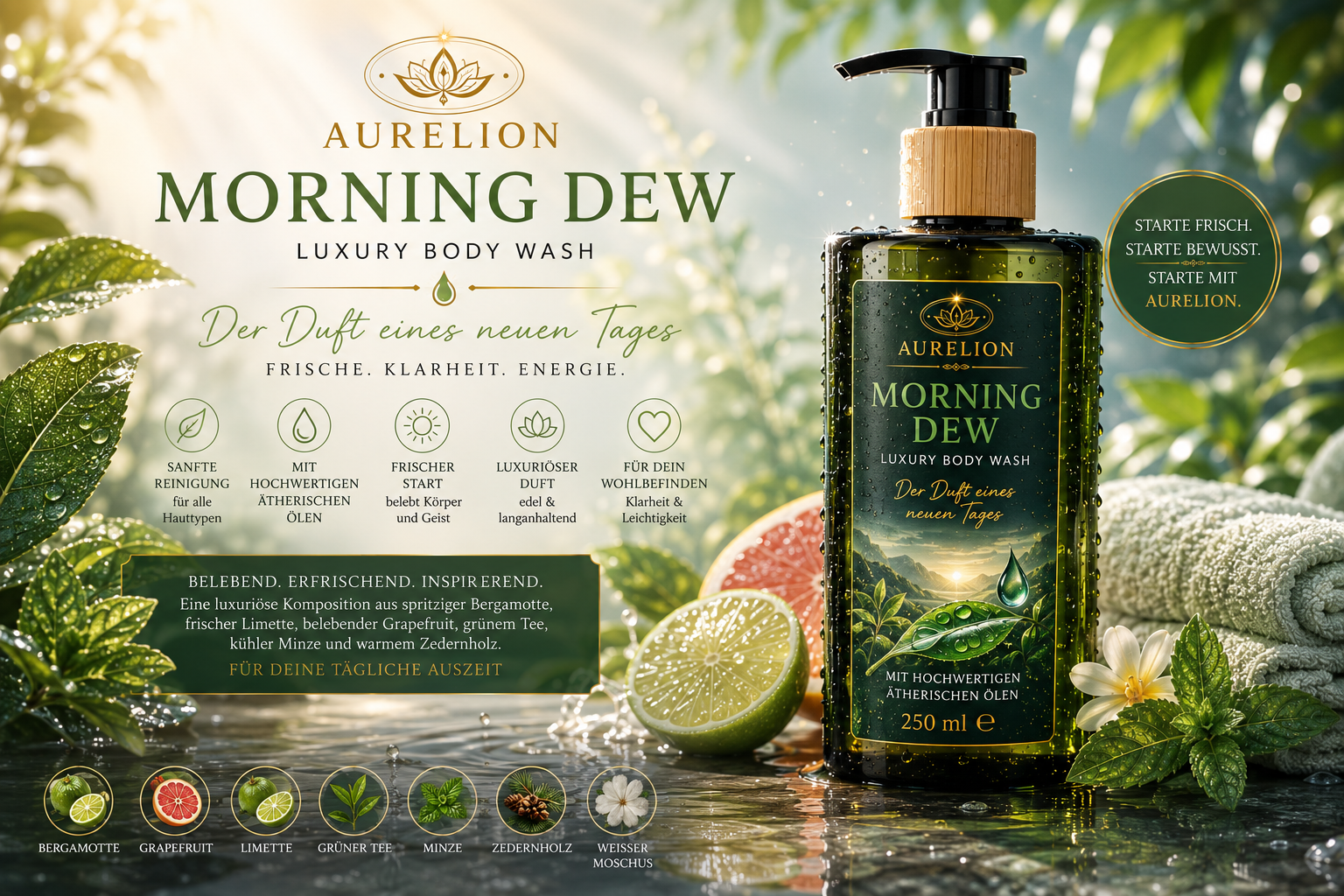 AURELION – MORNING DEW  Luxury Body Wash – 250 ml  Beginne deinen Tag mit der Frische eines klaren Morgens.