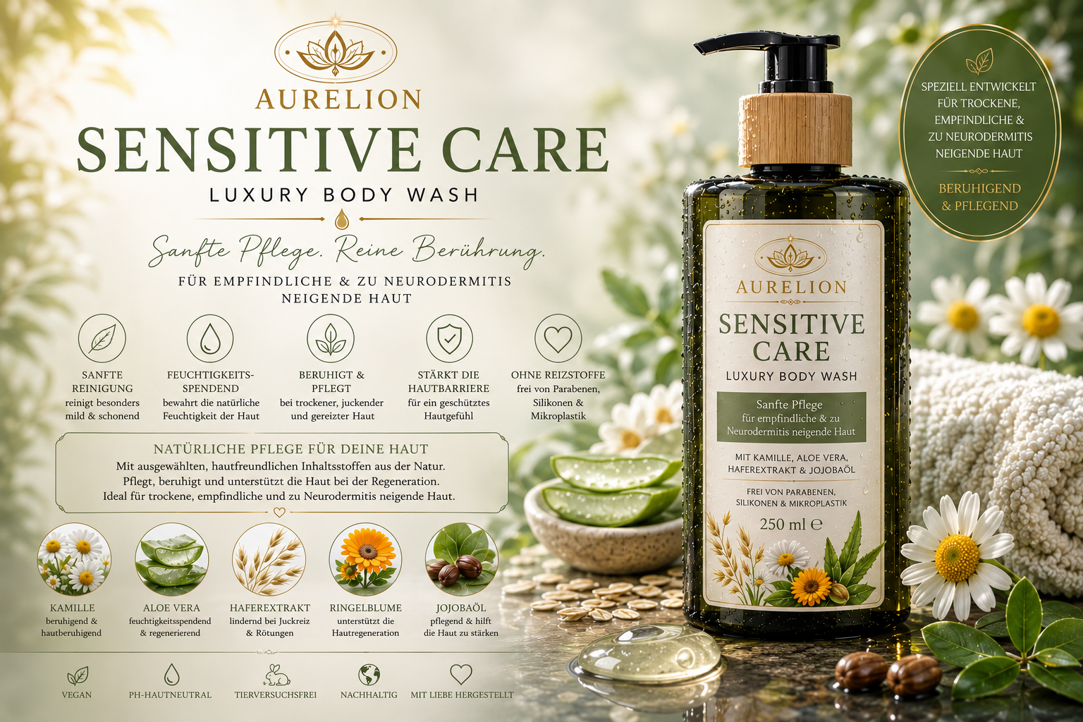 AURELION – SENSITIVE CARE  Luxury Body Wash – 250 ml  Sanfte Pflege für empfindliche Haut.