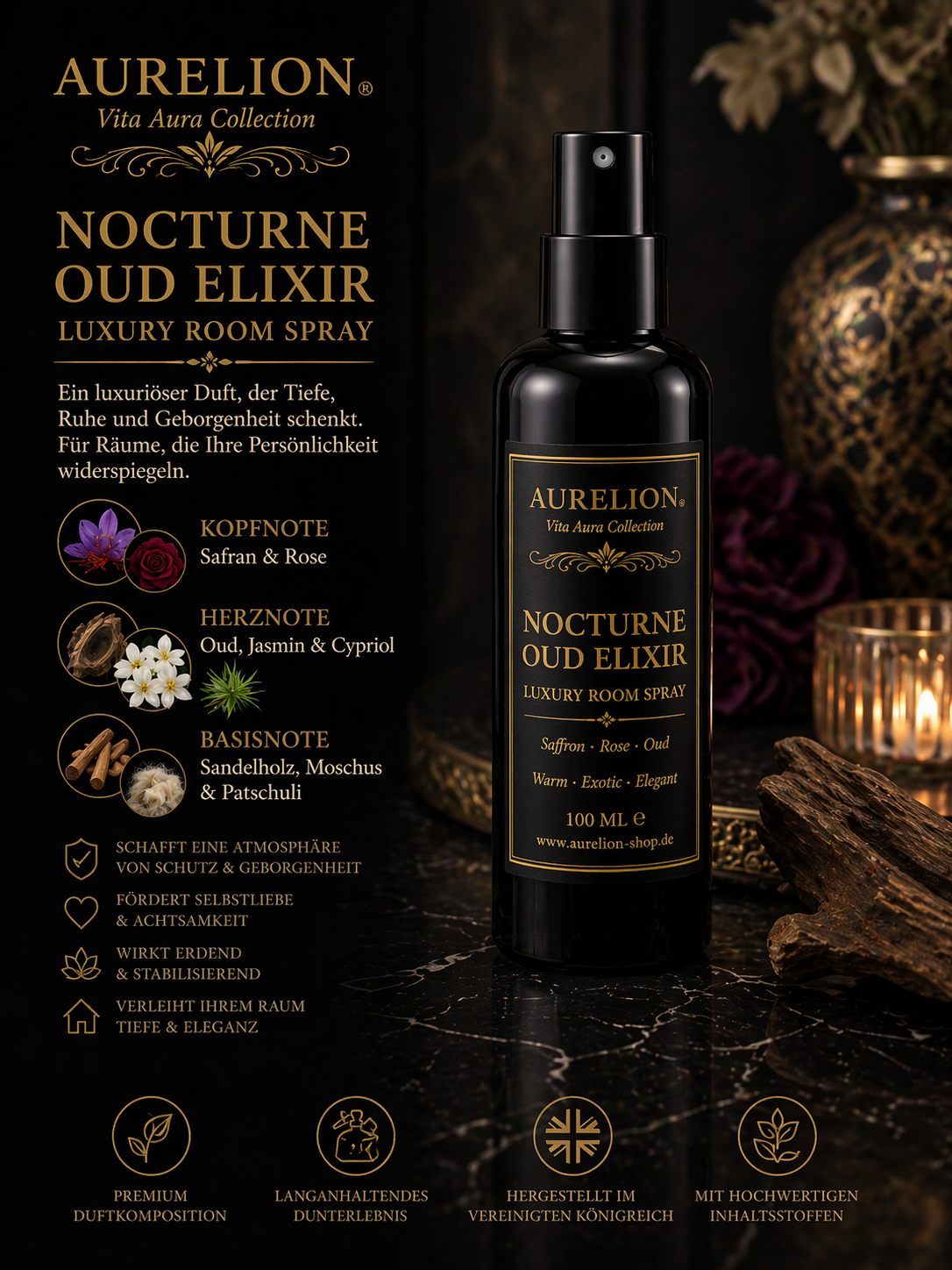 Nocturne Oud Elixir  Luxuriöses Raumspray für Ruhe, Tiefe und Geborgenheit