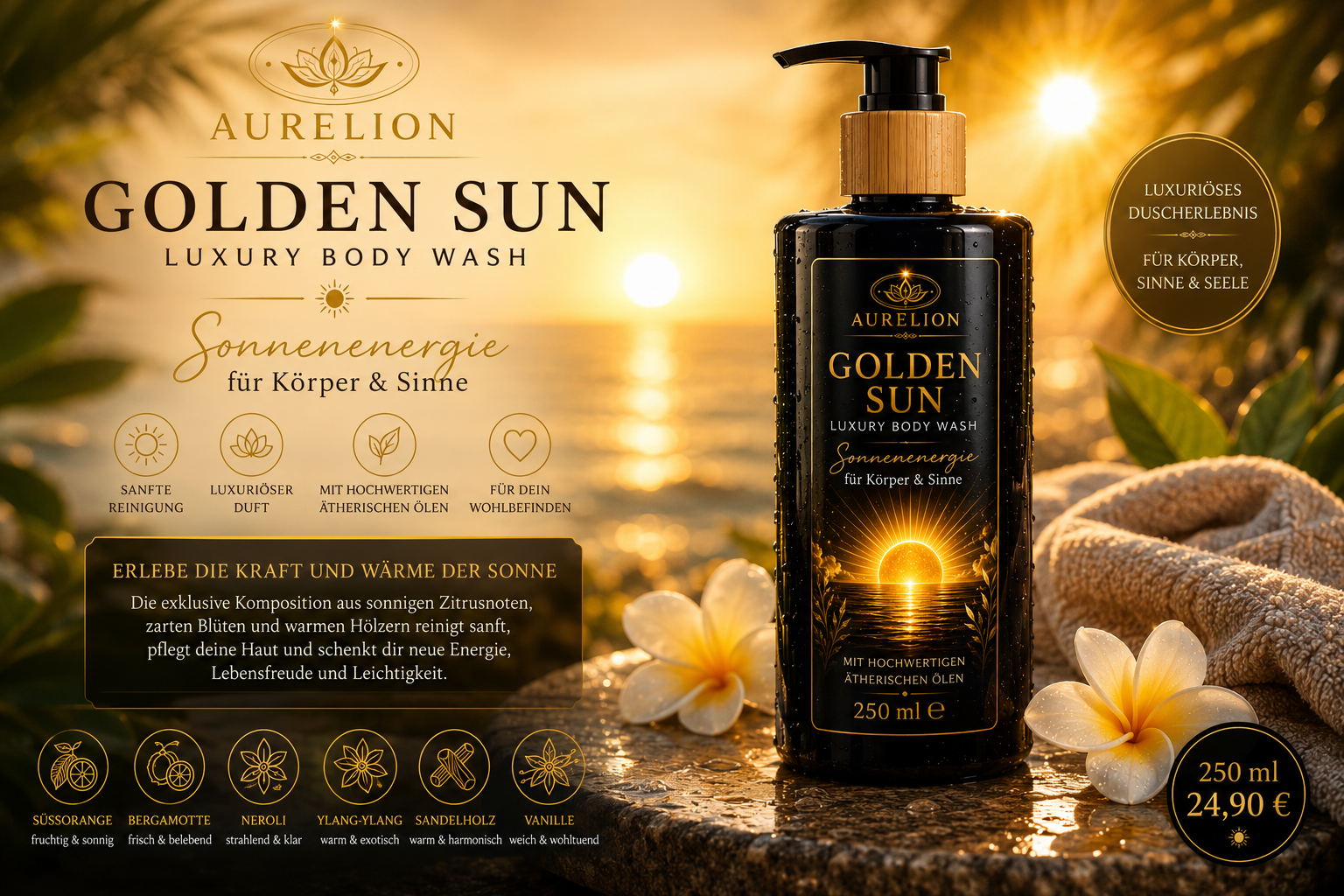 AURELION – GOLDEN SUN  Luxury Body Wash – 250 ml  Spüre die Wärme der Sonne – bei jeder Dusche.
