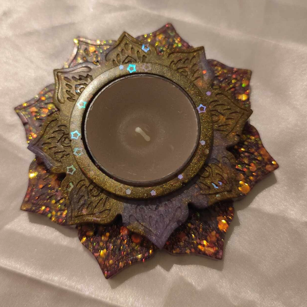 Teelicht Lotusblume Lila & Kupfer mit Glitzer