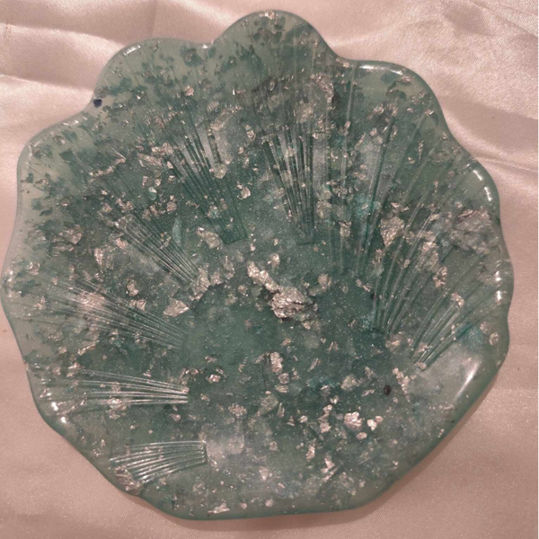 Muschel Schmuckschale Grün mit Silberflocken
