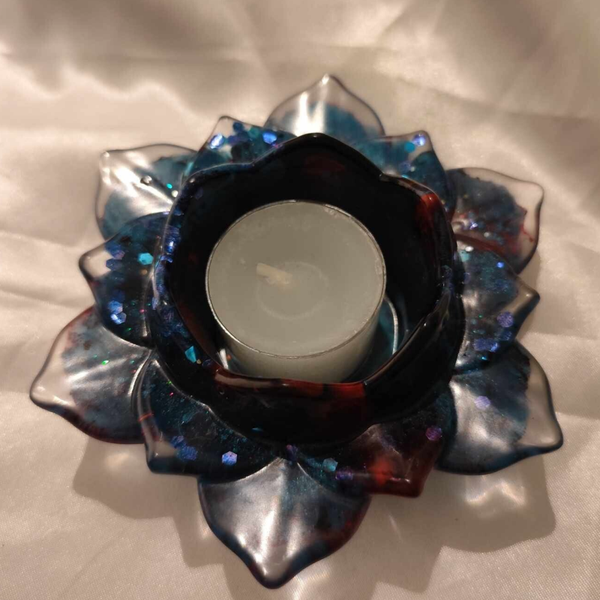 Teelicht Lotusblume Blau & Rot mit Glitzer