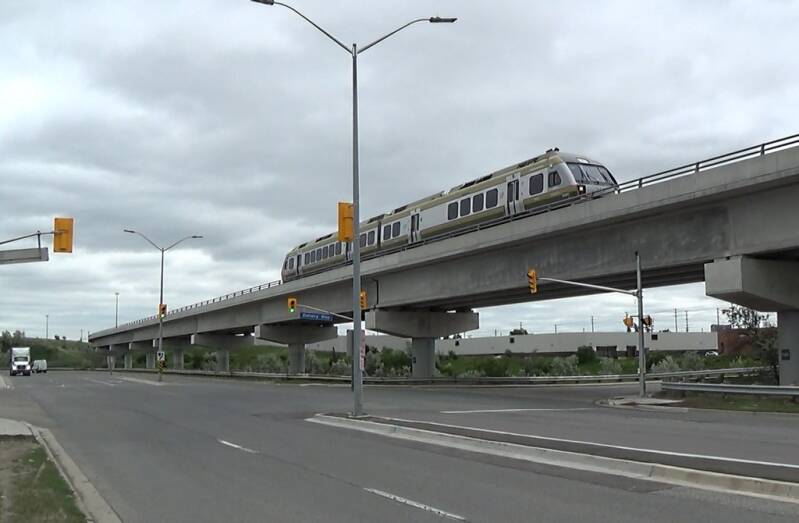 The elevated track structure of the UP Express along Goreway Drive in Mississauga.