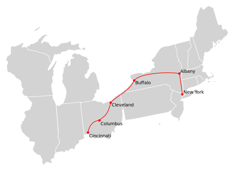Geographic map of the Ohio State Limited, highlighting major stations.