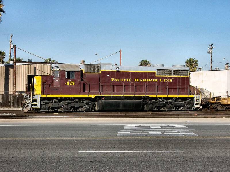 Former B&O No. 2401, an SD20-2 rebuild, works the Pacific Harbor Line in Long Beach, California in February, 2005.