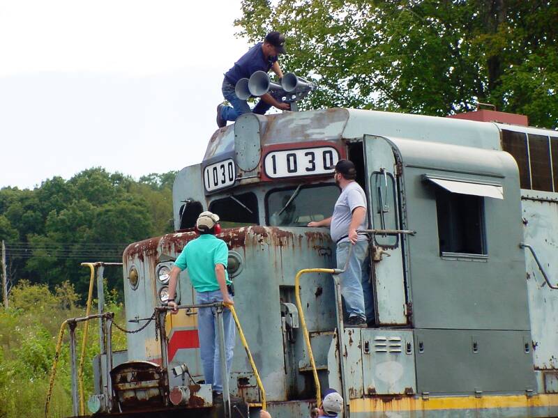Leslie S-5T train horn being fitted to a restored ex-Seaboard System EMD GP30.
