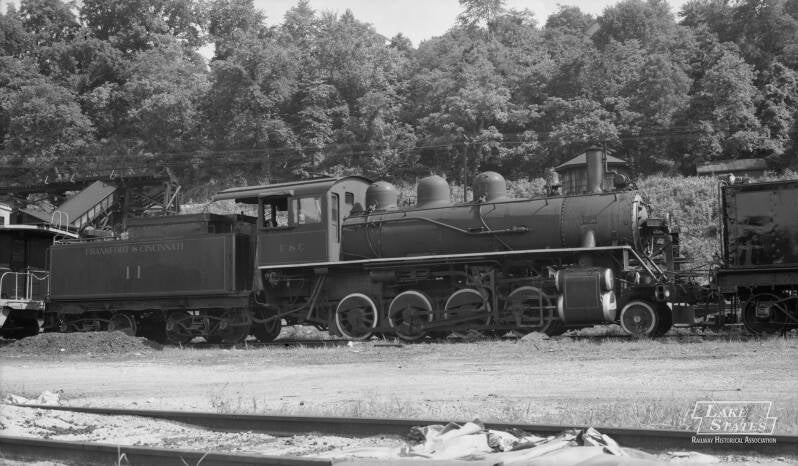 Frankfort & Cincinnati steam locomotive 2-8-0 11 at Frankfort KY in 1948.