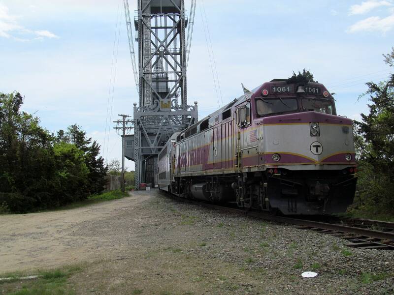 A CapeFlyer train crossing the Cape Cod Canal Railroad Bridge.