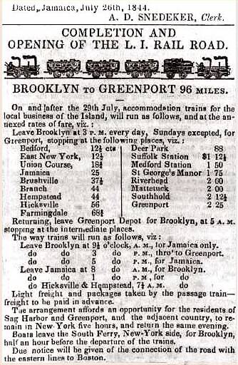 Schedule printed July 26, 1844 for the opening day of the Long Island Rail Road (July 29, 1844).
