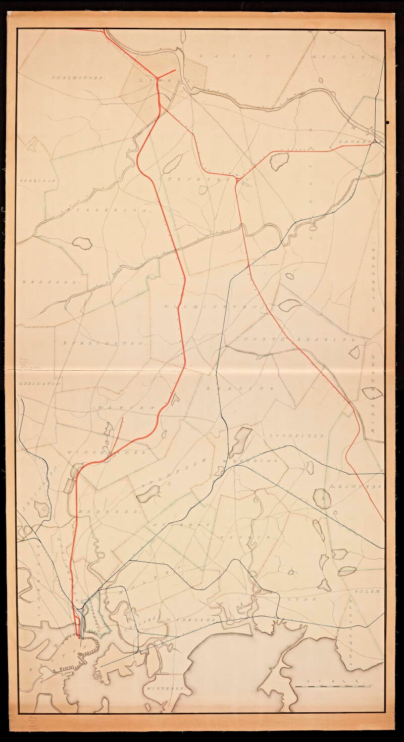 Late 19th century map of the Boston & Lowell Railroad (drawn in red).