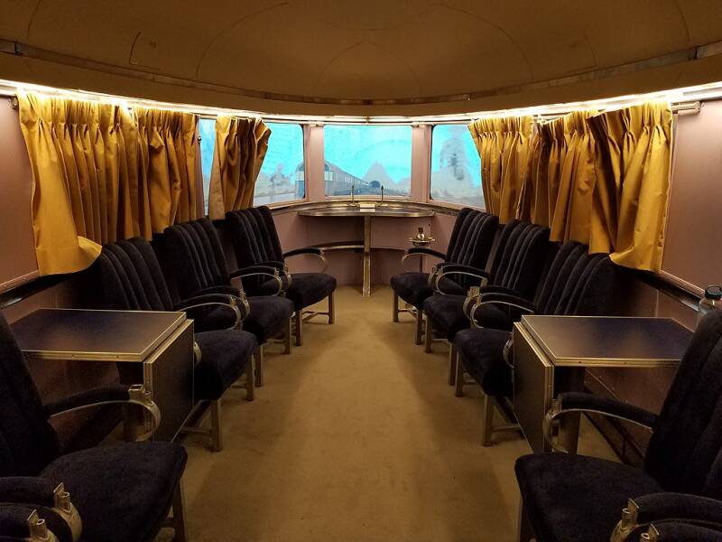 Interior view showing lounge seating inside the Pioneer Zephyr's observation end, on display at the Museum of Science and Industry in Chicago.