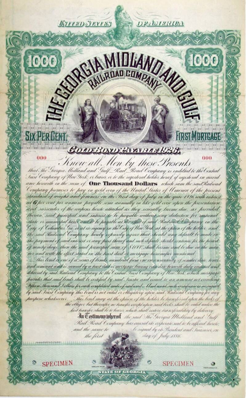 A 1926 Georgia Midland and Gulf Railroad Gold Bond.