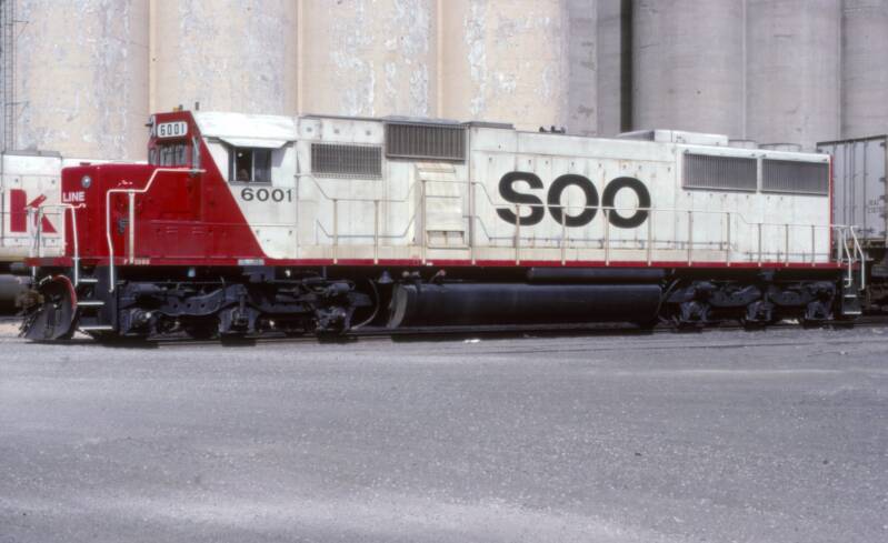 Soo Line EMD SD60 6001 at Knoche Yard, Kansas City, Missouri, March, 1989. Photographer: Craig Garver.