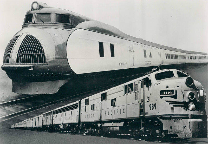 Photo of the first streamlined train from 1934-"The City of Salina" at top with a photo of "The City of Los Angeles" (going eastbound by the train number). The combination photo was issued by the Union Pacific Railroad to mark the 19th anniversary of the 
