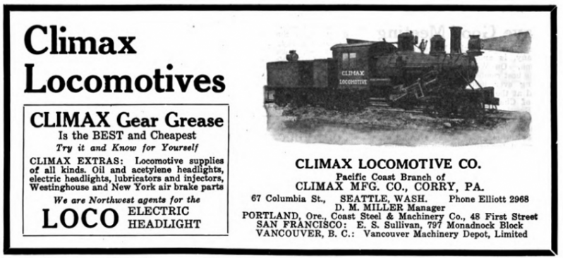 An ad published by the Pacific Coast Branch of Climax, January 1921.