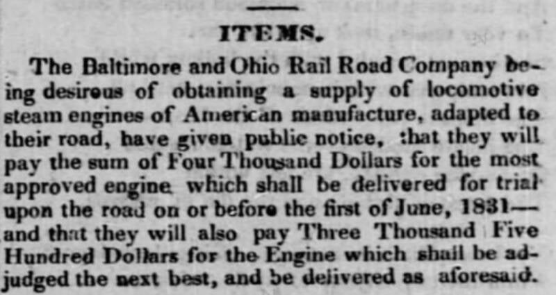 Locomotives sought by the Baltimore and Ohio Railroad, 1831.