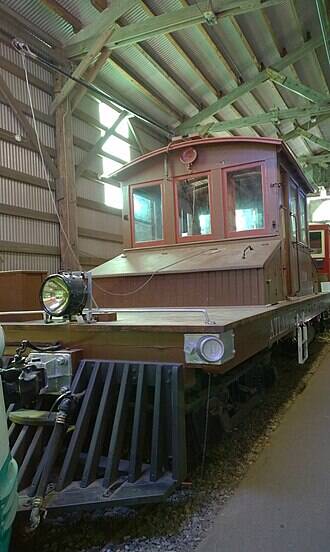Atlantic Shore Line locomotive 100 is preserved at the Seashore Trolley Museum.