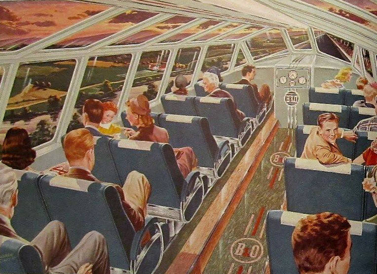 Interior of one of the Pullman-built Strata-Domes. Note the instrument panel at the front.