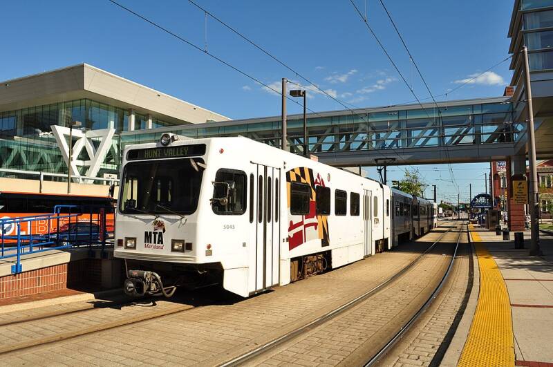 A Baltimore Light Rail train built by BBC at Convention Center station in 2010.